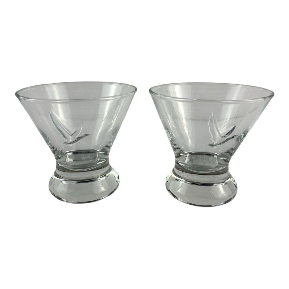 Grey Goose Vodka Set of 2 Stemless Martini Glasses Embossed Logo Heavy Bottom